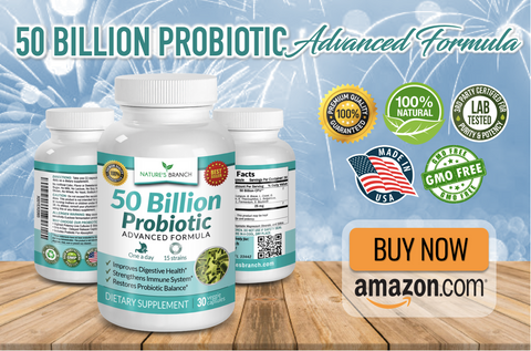Nature's Branch 50 Billion Probiotic Supplement with fireworks at the background, Product badges and an amazon.com Buy Now Button