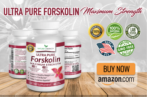 Nature's Branch Forskolin Supplement with fireworks at the background, Product badges and an amazon.com Buy Now Button