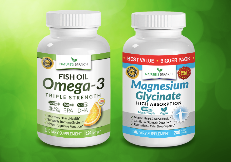 Nature's Branch Omega-3 Fish Oil and Magnesium Glycinate in a green background