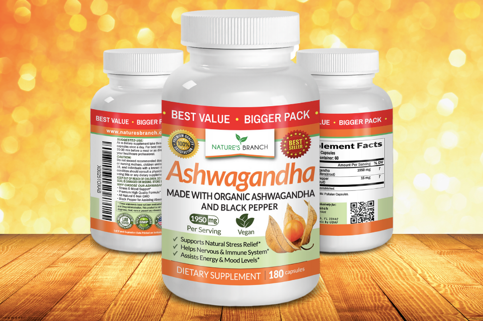 Nature's Branch Ashwagandha Supplement placed on a wooden table top with a blurry yellow and orange background