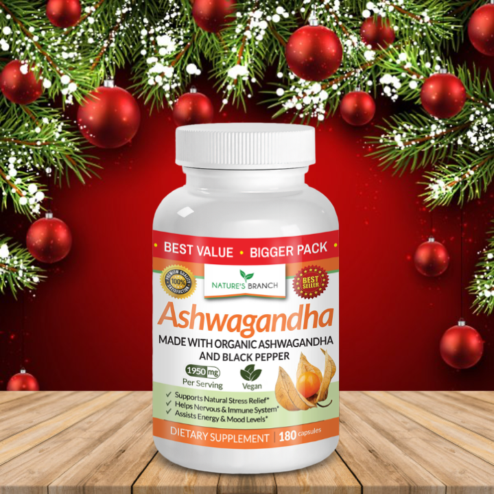 Nature's Branch Ashwagandha Supplement placed on a wooden table top with a Christmas background