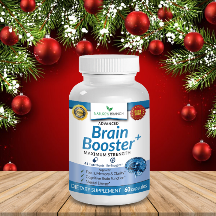 Nature's Branch Brain Booster Supplement placed on a wooden table top with a Christmas background