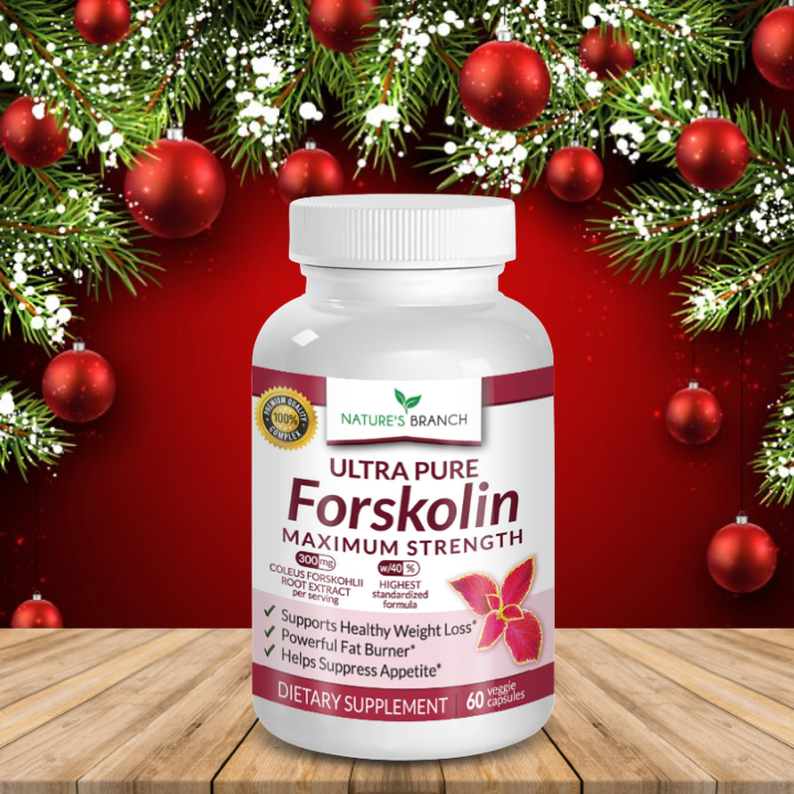 Nature's Branch  Forskolin Supplement placed on a wooden table top with a Christmas background