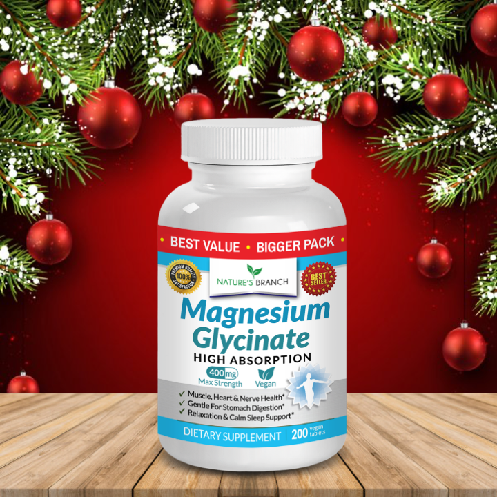 Nature's Branch Magnesium Glycinate Supplement placed on a wooden table top with a Christmas background