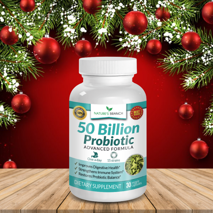 Nature's Branch 50 Billion Probiotic Supplement placed on a wooden table top with a Christmas background