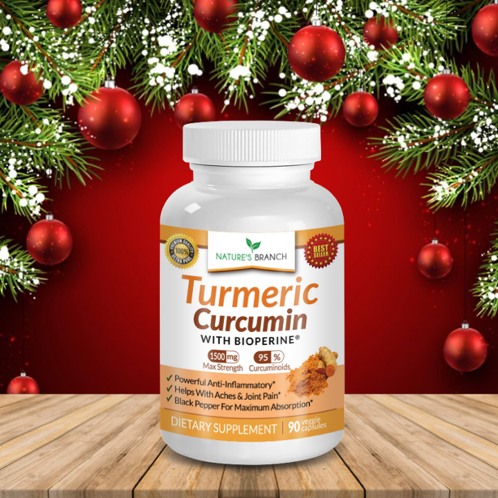 Nature's Branch Turmeric Curcumin Supplement placed on a wooden table top with a Christmas background