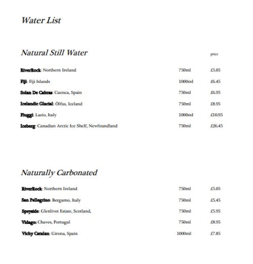 the great room water menu