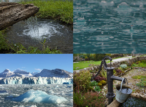 Bottled water sources including spring, rainwater, artesian well, and iceberg