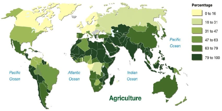Percent of water used for agriculture by country
