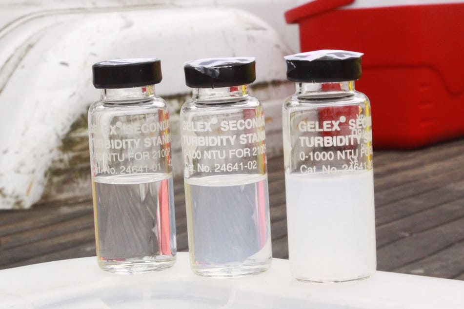 Three water samples showing different NTU turbidity levels