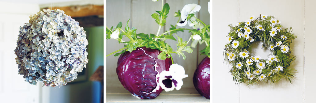 Crafting with nature flower pom pom, wreath and cabbage vase