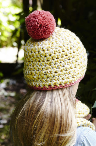 Crochet child's beanie from the back