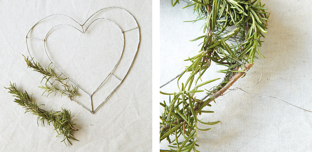 Rosemary heart wreath project steps 1 and 2