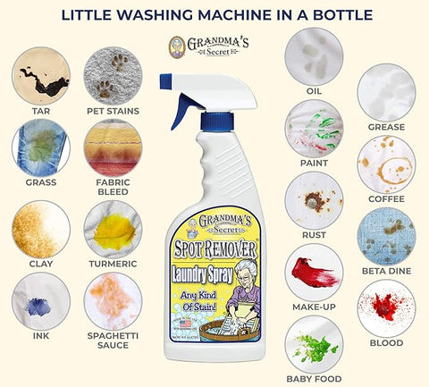 Image of Grandma's Secret Spot Remover spray bottle with a label featuring an illustration of a grandma. Around the bottle, there are before-and-after images of fabric demonstrating the removal of oil stains