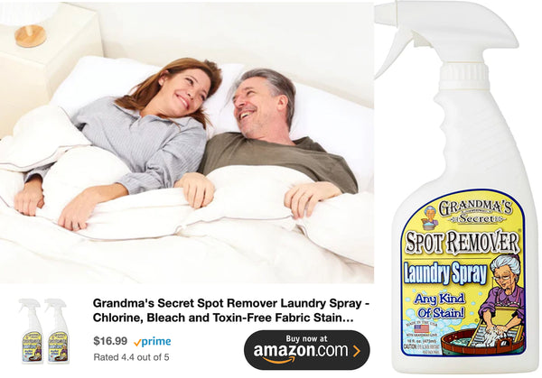 Happy couple lying in bed with white sheets, next to an image of Grandma's Secret Spot Remover Laundry Spray bottle, available on Amazon, highlighting chlorine-free and toxin-free fabric cleaning