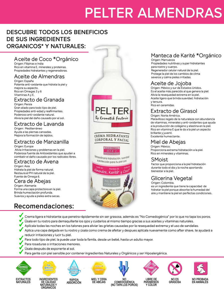 Crema Líquida PELTER® Corporal y Facial con Almendra*, Karité y Coco*