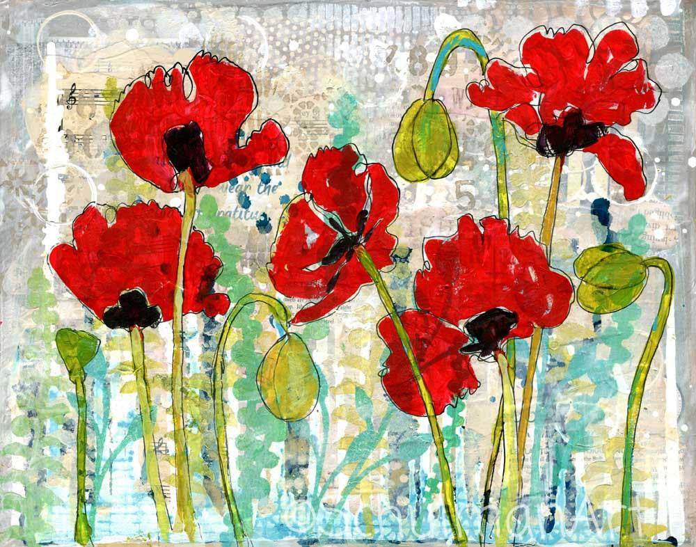 Flower Paintings Floral Poppy Print Red Flowers Original Canvas Mixed Media Art Collage Art Teal Turquoise Blue Poppy Garden Painting Schulmanart