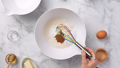 Bowl with whisk, mixing dry ingredients