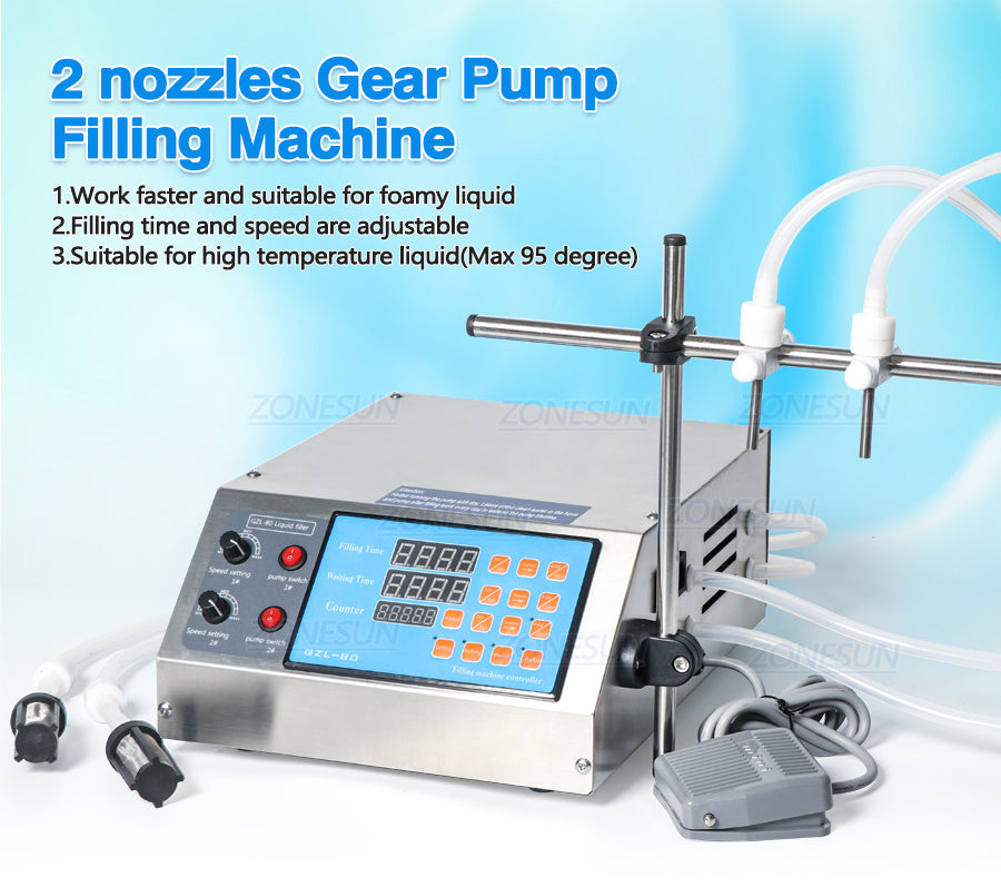 ZONESUN 3-3000ml Semi Automatic 2 Nozzles Gear Pump Liquid Filling Machine