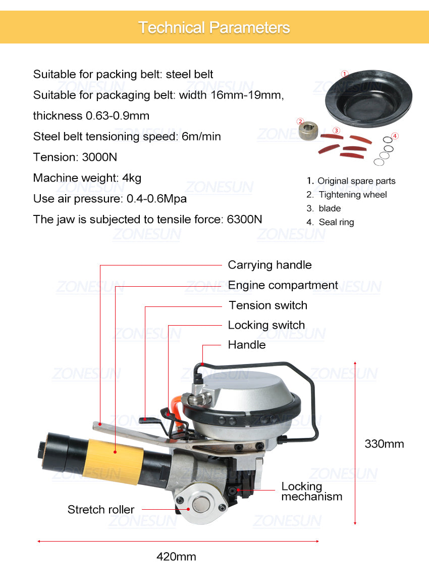 ZONESUN 16-19mm Máquina pneumática de cinta de aço