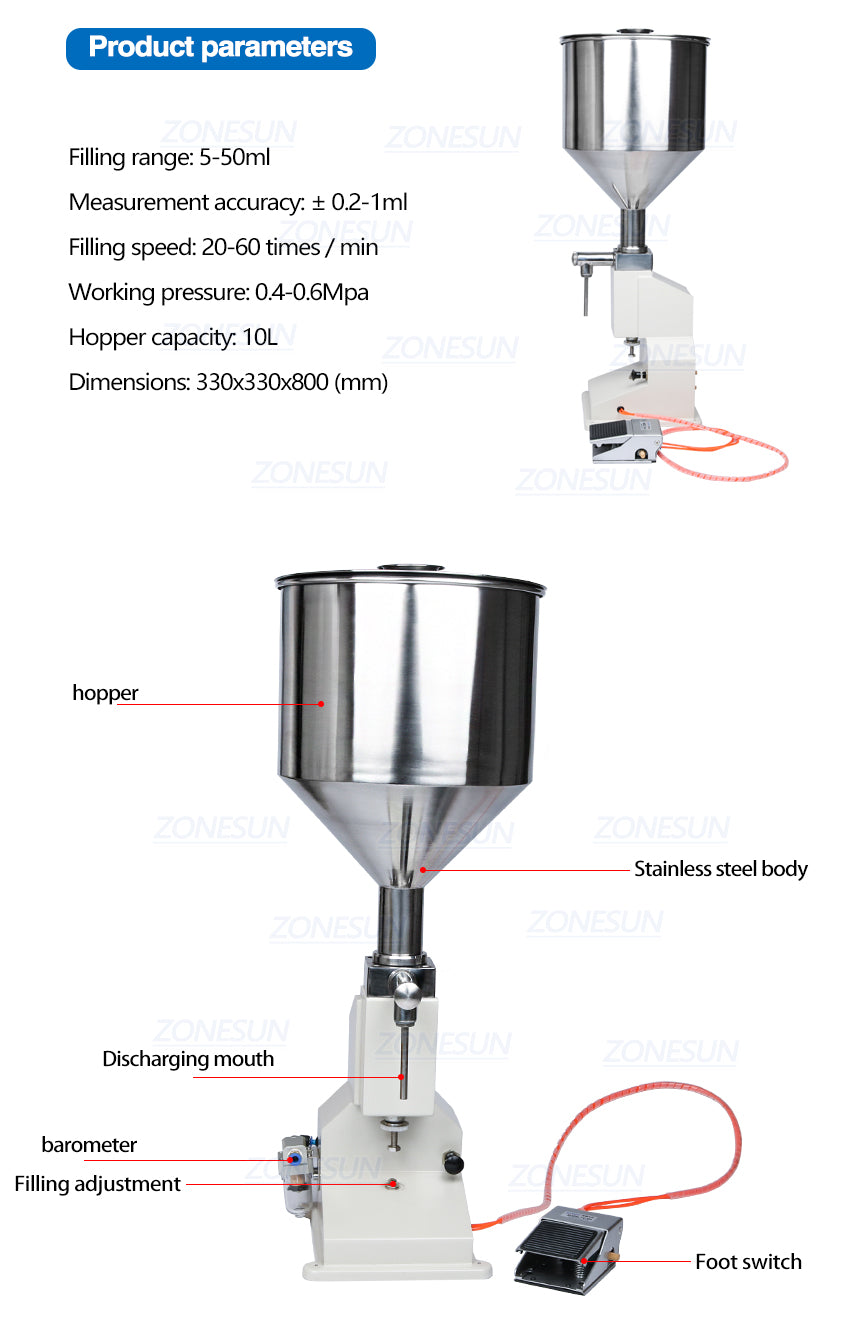 ZONESUN A02 Máquina de enchimento de pasta pneumática de aço inoxidável 