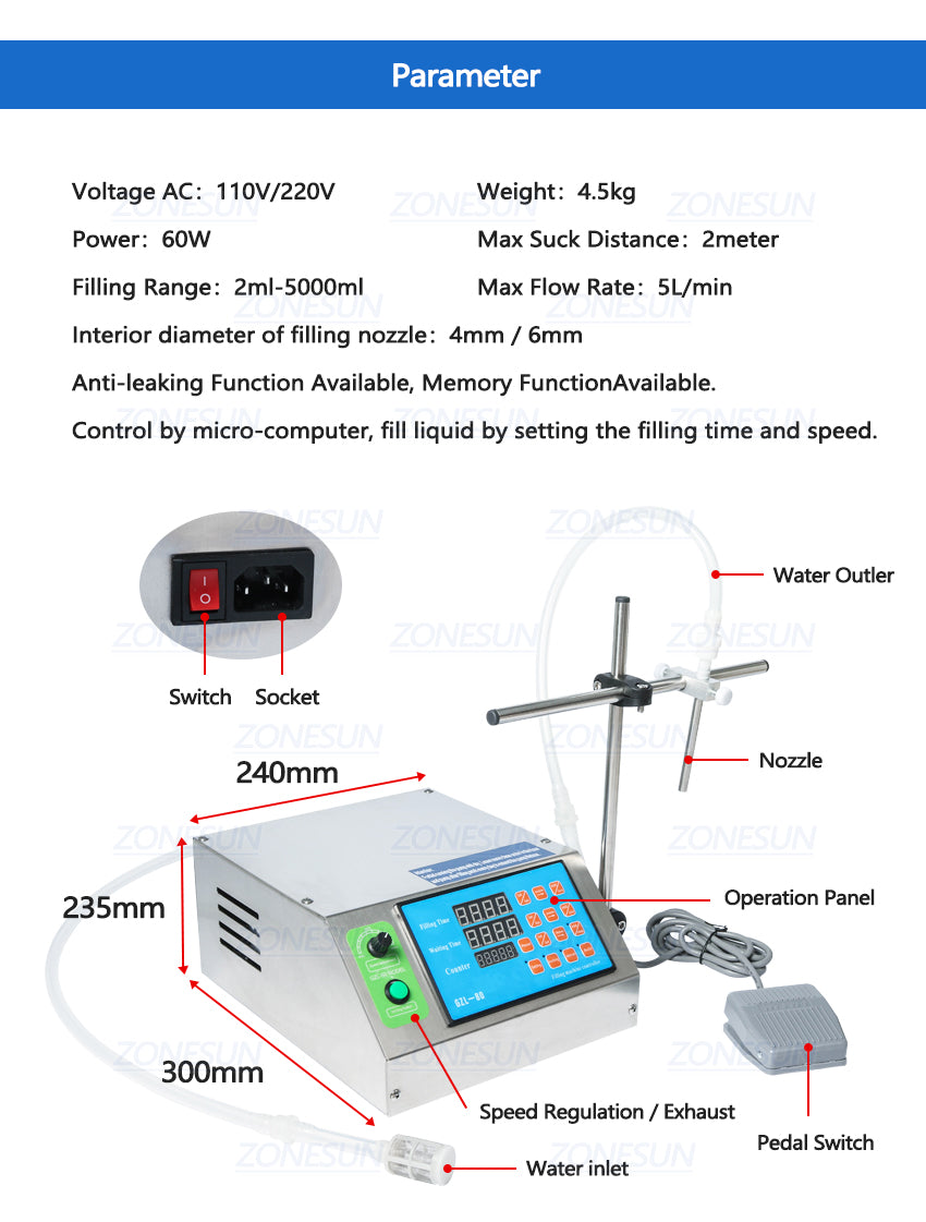 ZONESUN ZS-YTDP1 Small Semi-automatic Diaphragm Pump Liquid Filling Machine