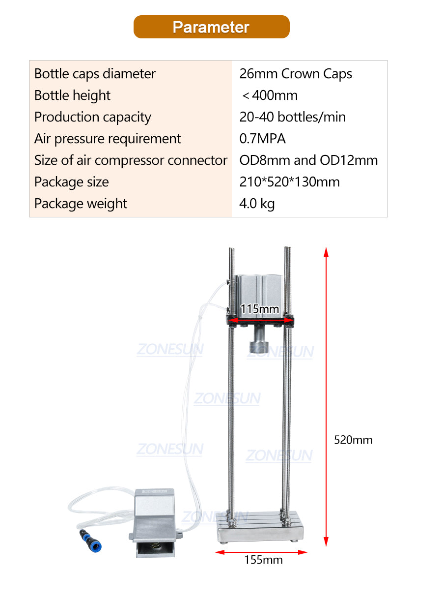 ZONESUN 26mm Pneumática Semiautomática Tampadora de Tampas de Cerveja 