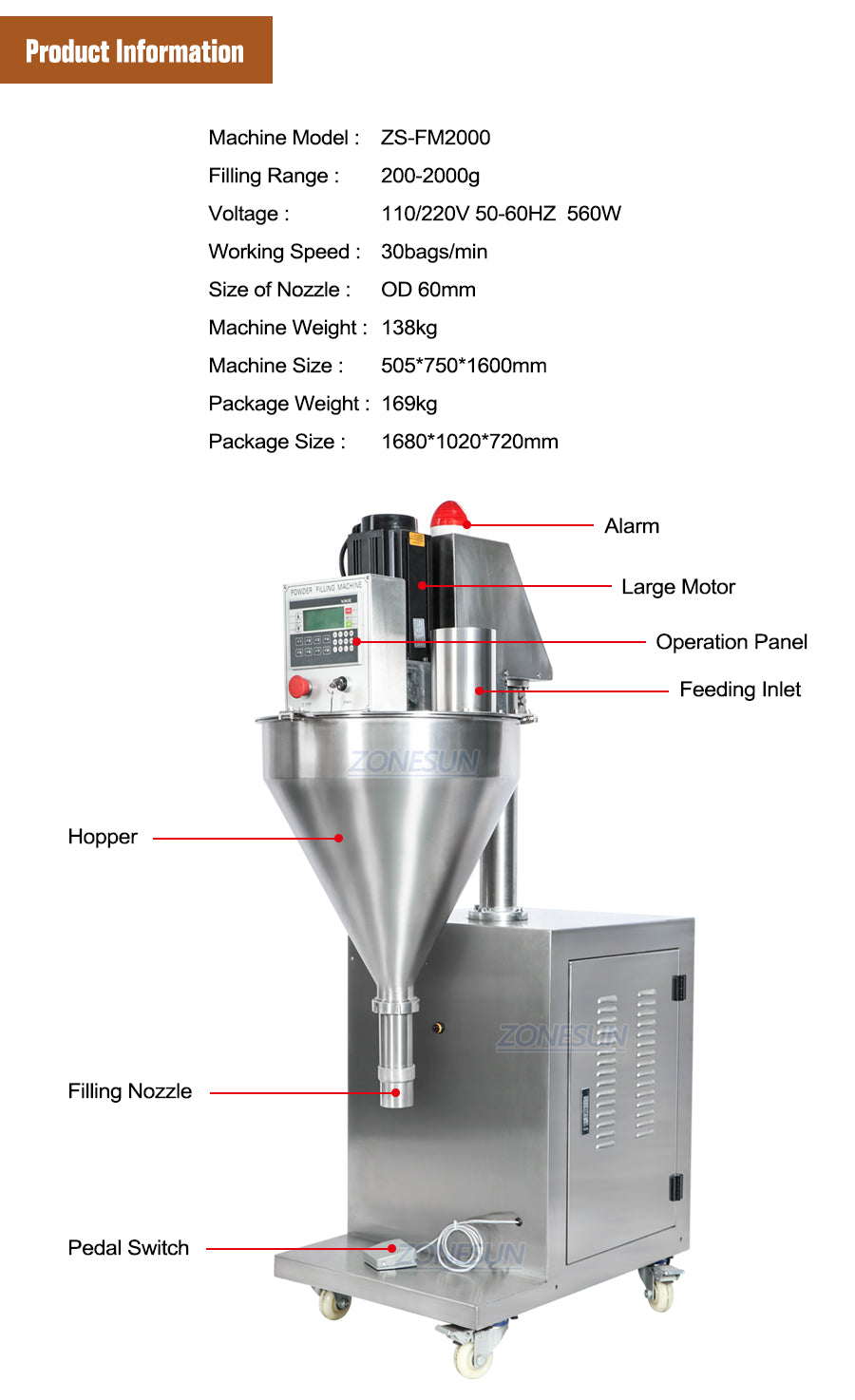 ZONESUN ZS-FM2000 200-2000g Automatic Powder Filling Machine