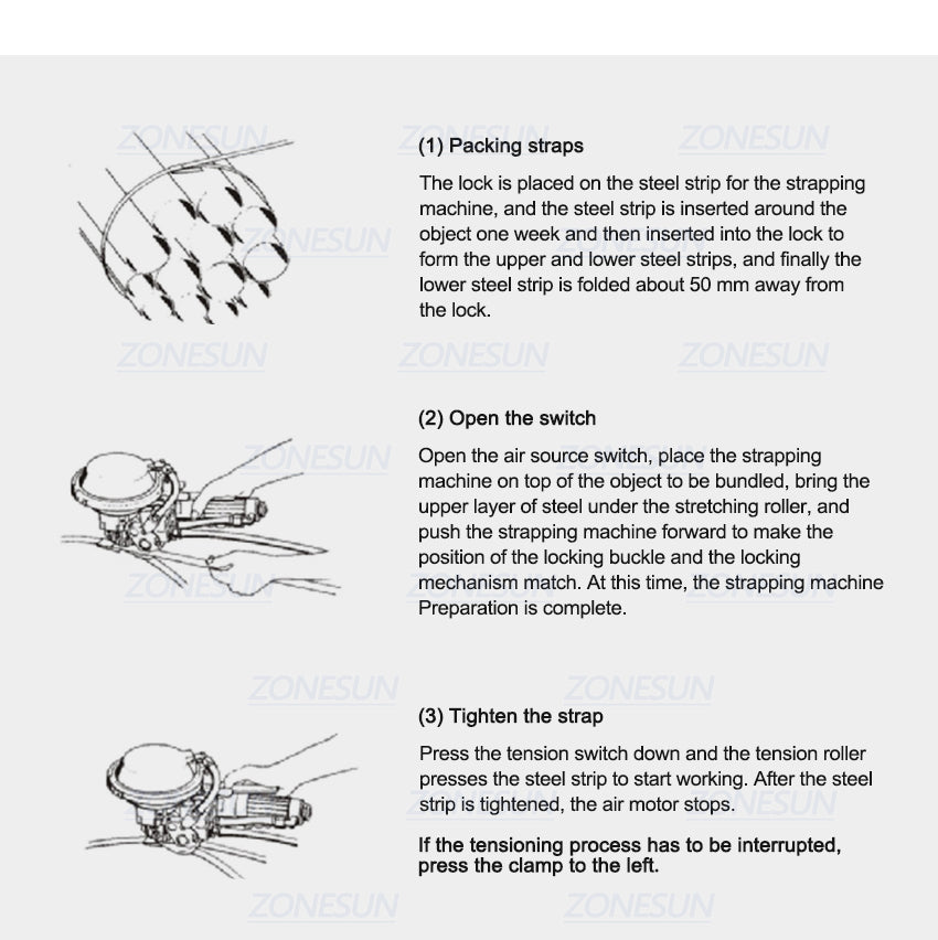 ZONESUN 16-19mm Pneumatic Steel Strap Strapping Machine