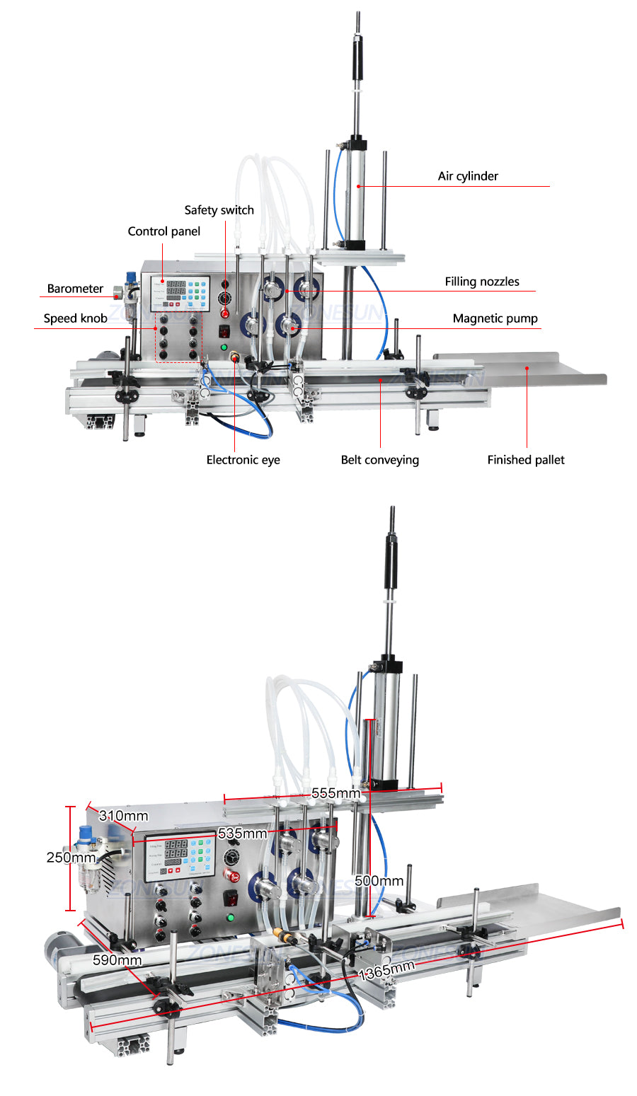 ZONESUN ZS-DTMP4D 4 bocais de mergulho bomba magnética máquina de enchimento de líquido com transportador