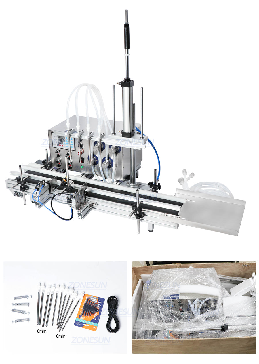 ZONESUN ZS-DTMP4D 4 Diving Nozzles Magnetic Pump Liquid Filling Machine With Conveyor