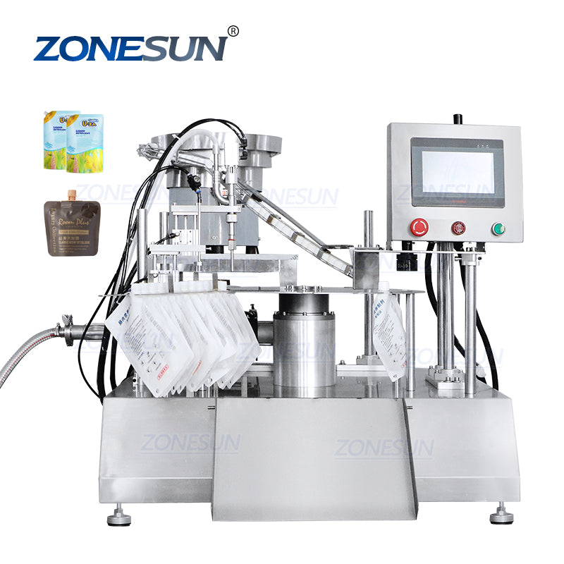 ZONESUN ZS-AFC12D Desktop Piston Pump Liquid Spout Pouch Bag Filling Capping Machine For Laundry Detergent Juice