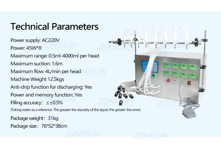 ZONESUN Control digital 8 Boquillas Bomba de diafragma Máquina de llenado de líquidos 