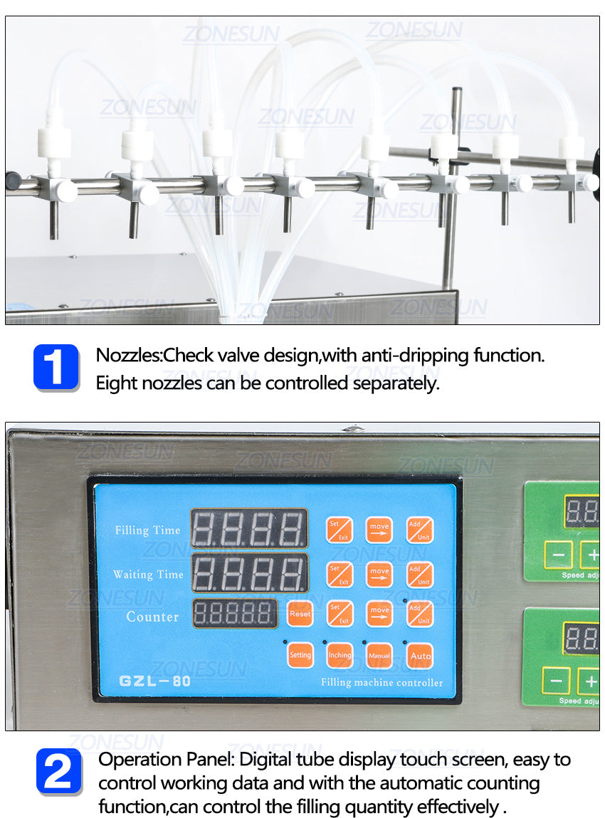 ZONESUN Controle digital 8 bicos bomba de diafragma máquina de enchimento de líquido 