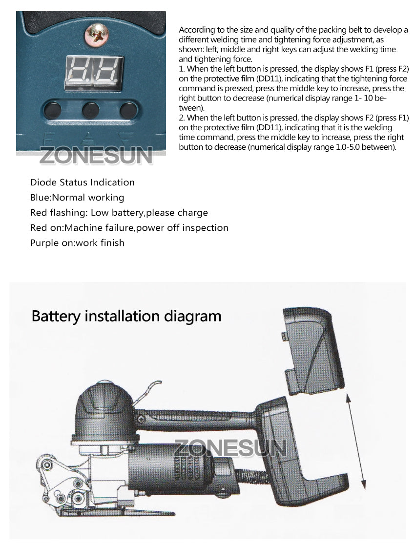 ZONESUN DD19 13-19mm PET &amp; PP Máquina Flejadora a Batería de Servicio Pesado