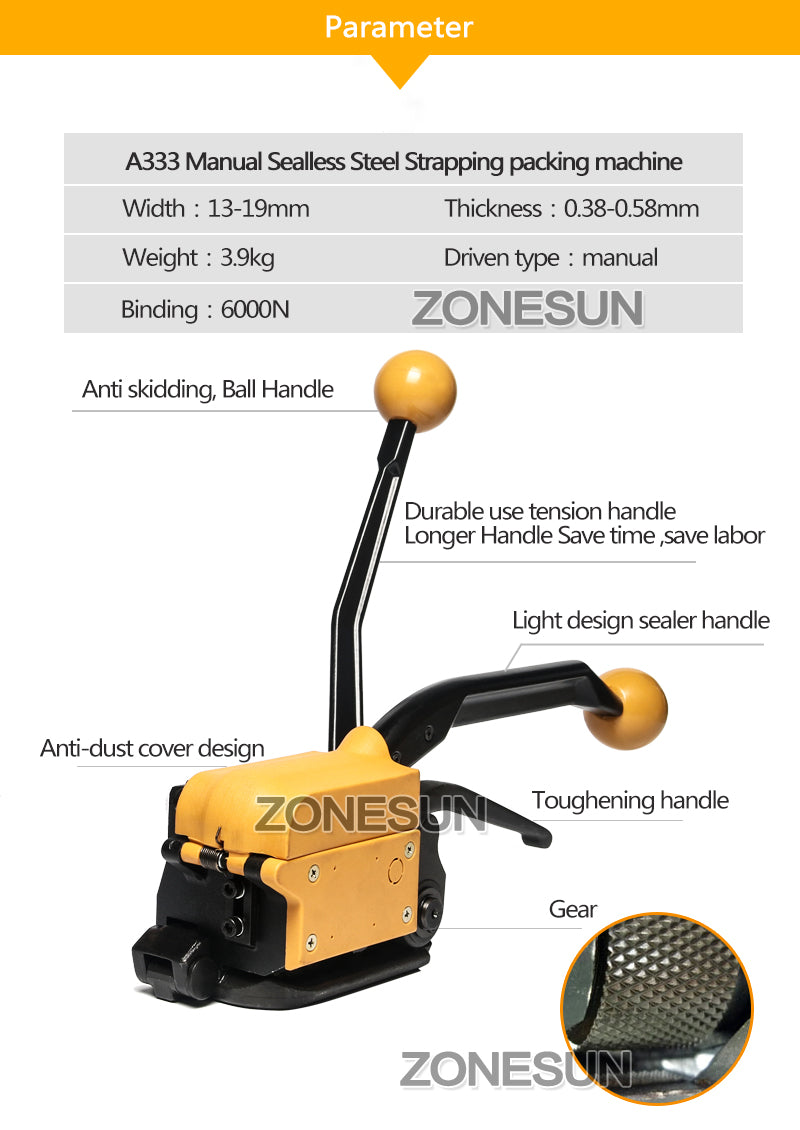 ZONESUN A333 13-19mm Steel Strip Manual Sealless Strapping Machine