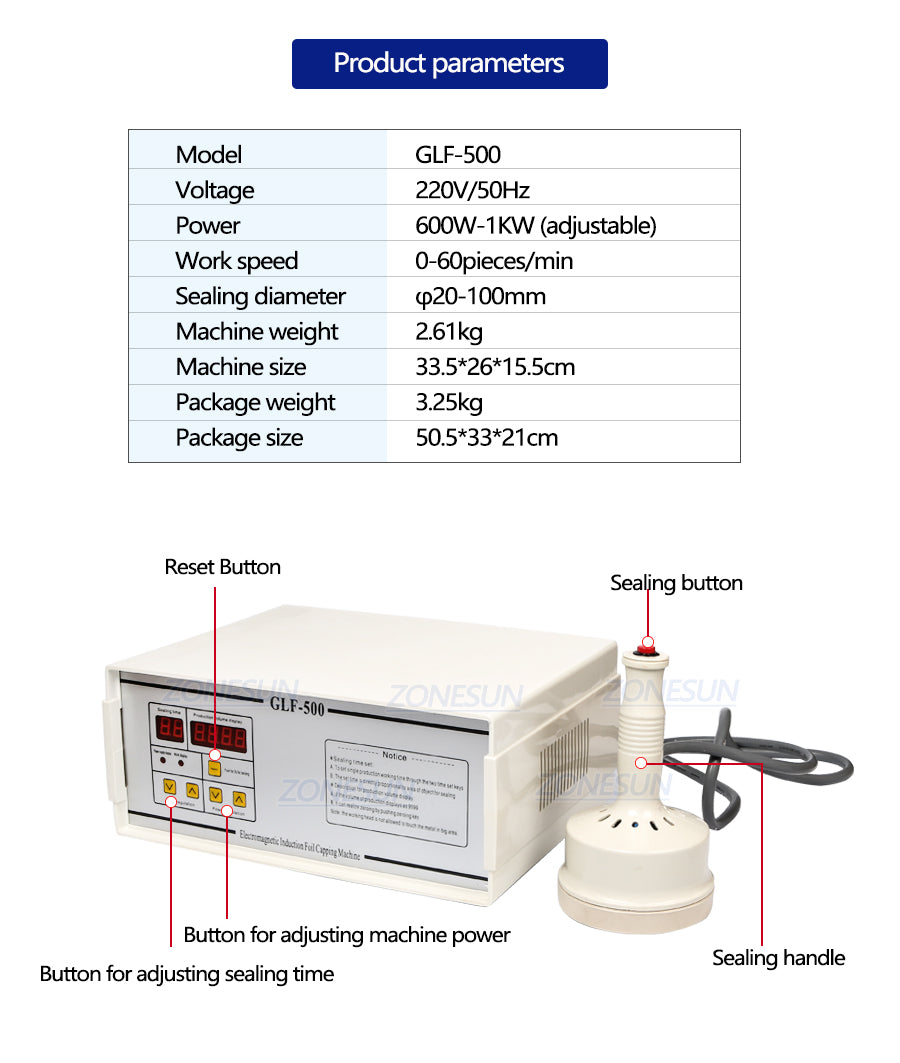 ZONESUN GLF-500 20-100mm Electromagnetic Induction Sealing Machine