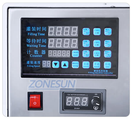 Painel de controle de uma pequena máquina de enchimento de garrafa