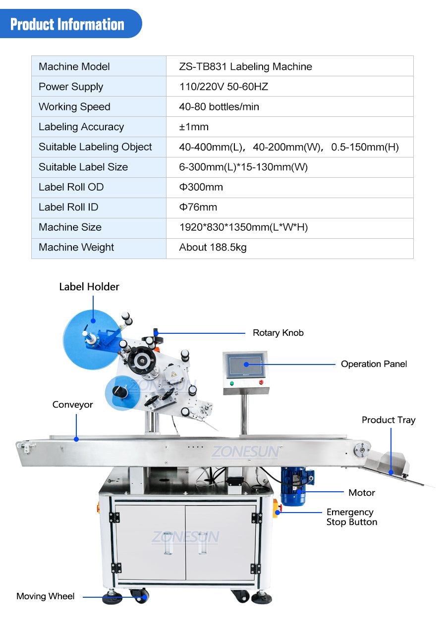 ZONESUN ZS-TB831 Automatic Flat Surface Labeling Machine  For Normal Transparent Label