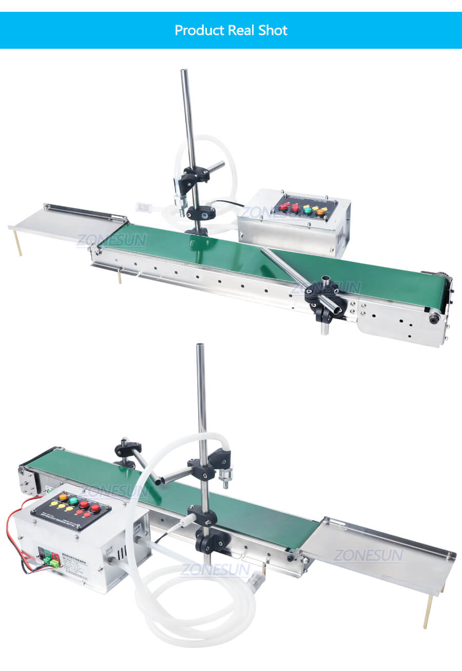 Echte Aufnahme von ZS-DP1500 kleiner Flaschenfüllmaschine mit Förderer