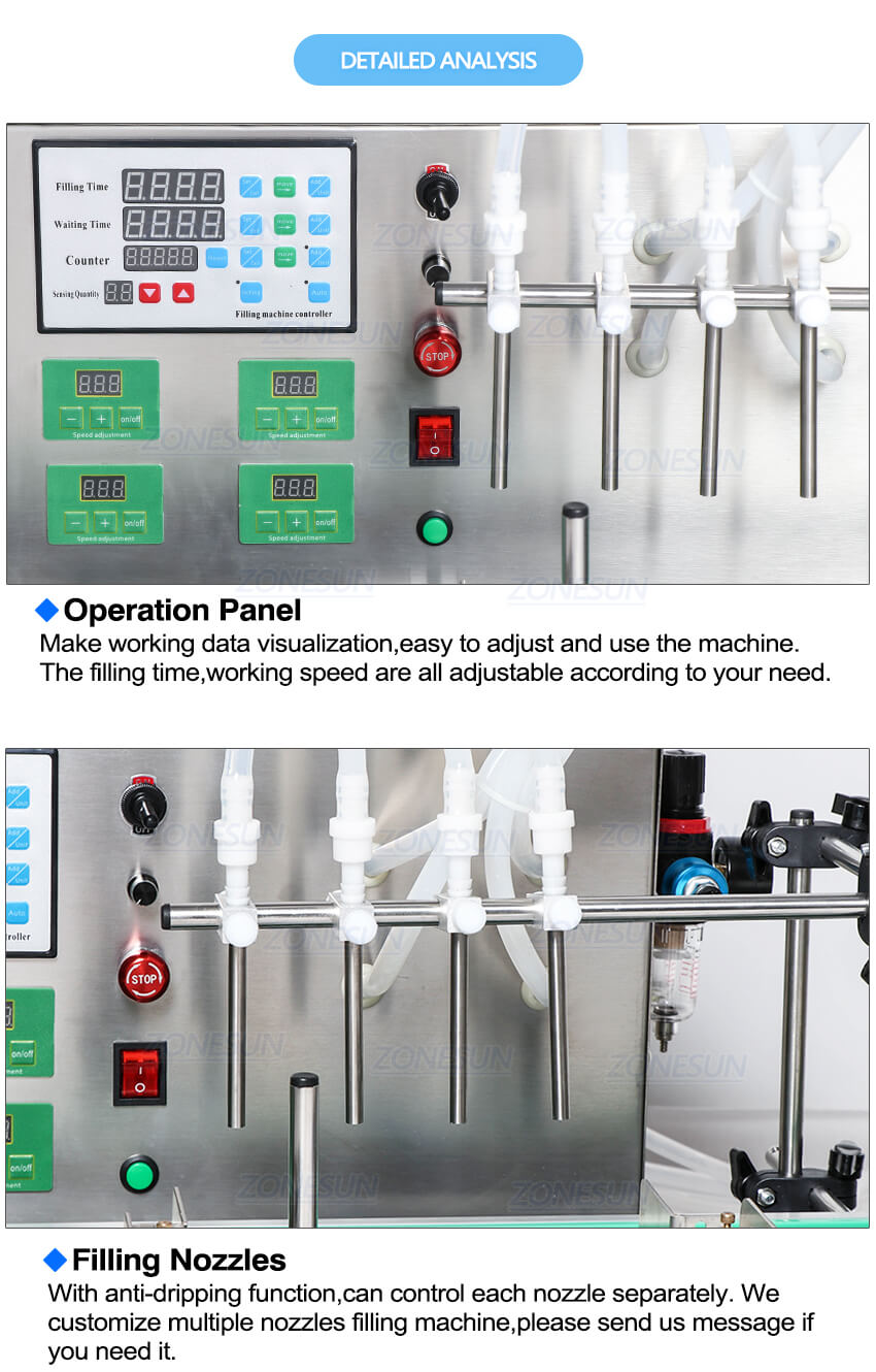 Szczegóły automatycznej maszyny do napełniania płynami ZS-DTDP4