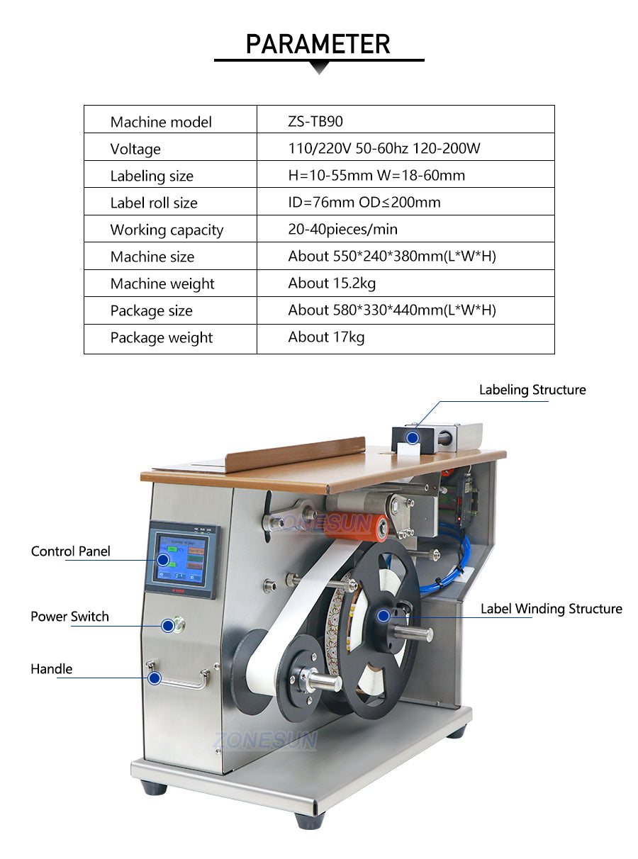 Fiche technique de la machine d'étiquetage d'angle