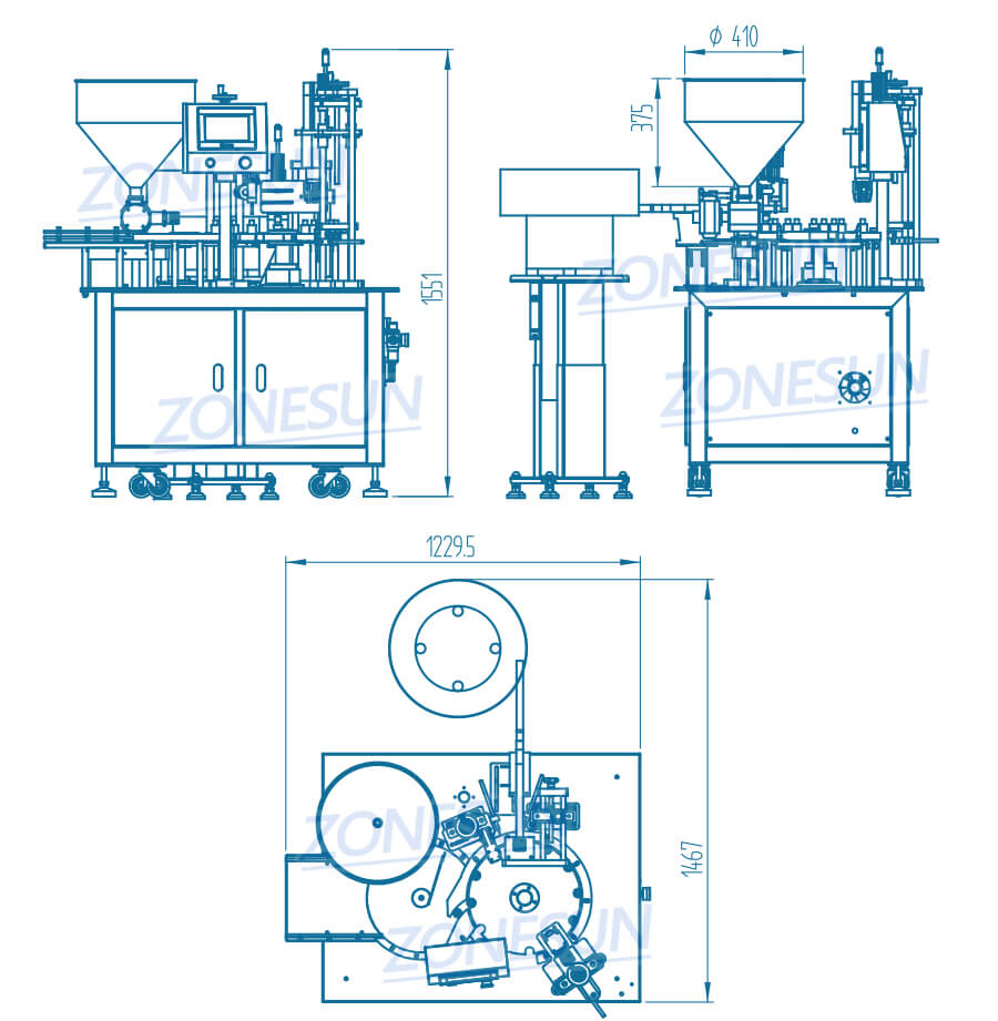 Desenho técnico da máquina de capeamento de recheio de creme