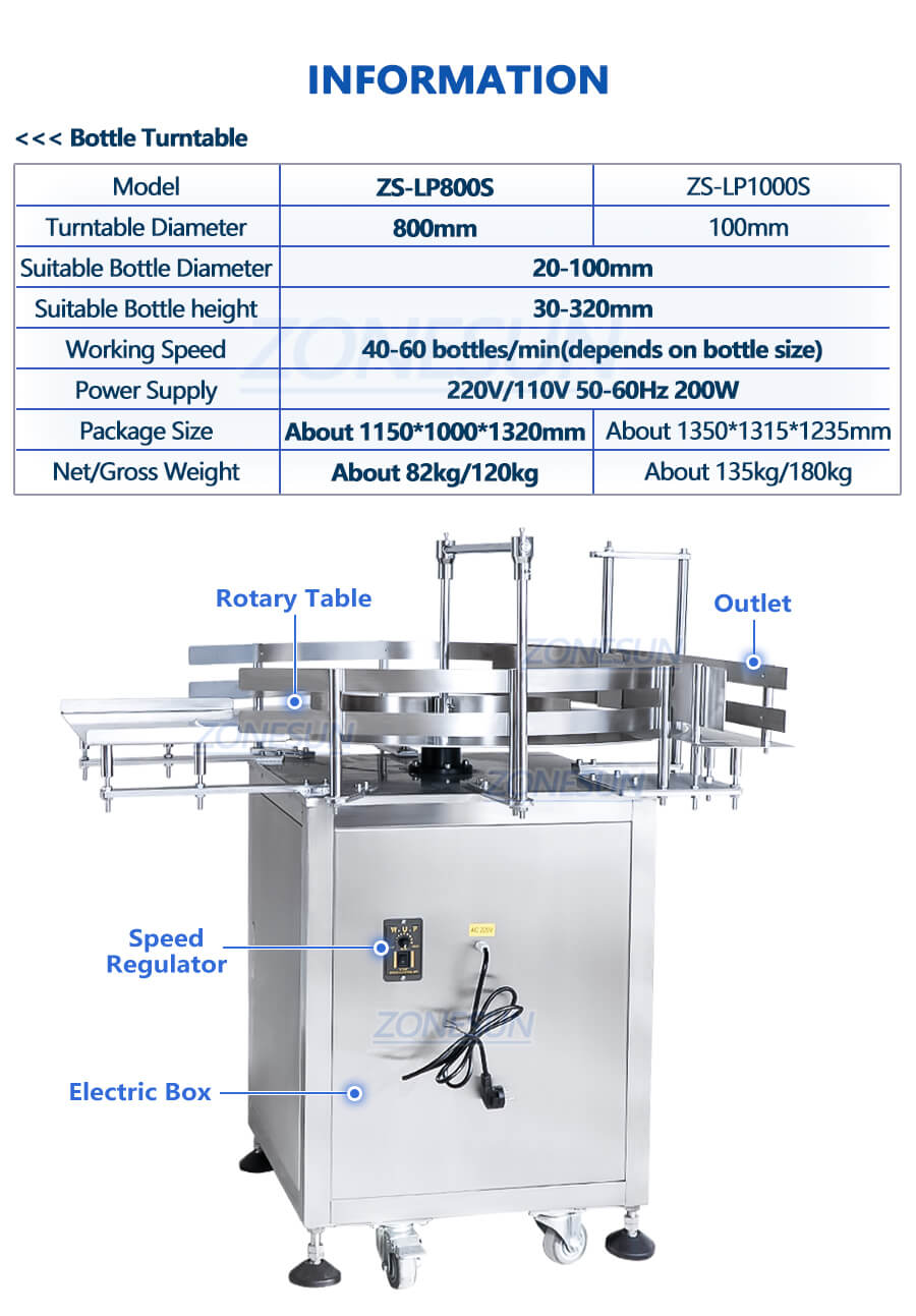 specification of bottle turntable machine
