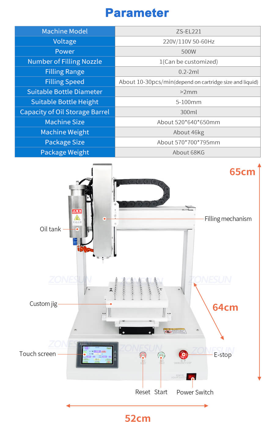 Fiche technique de la machine de remplissage d'huile