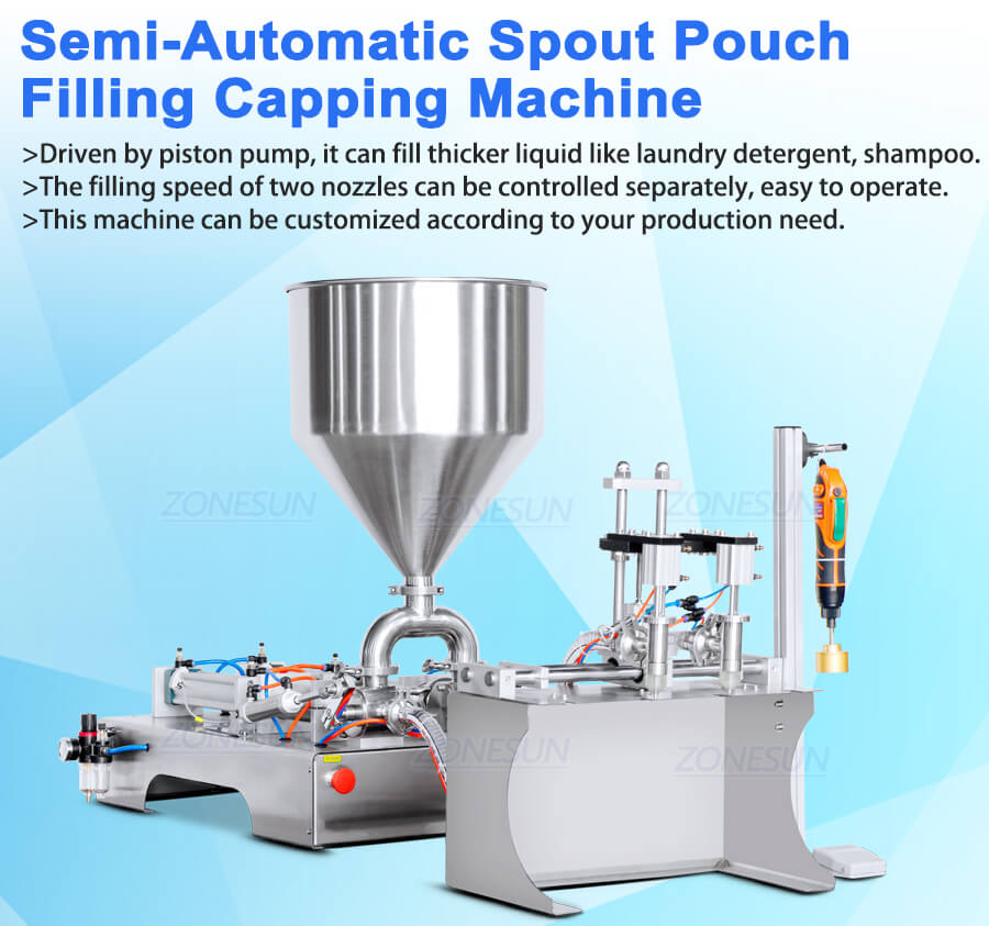 semi-automatic spout pouch filling capping machine