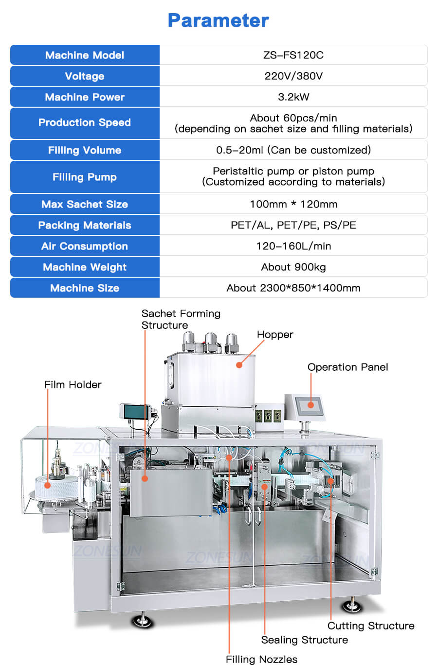 datasheet of snap sachet packaging machine