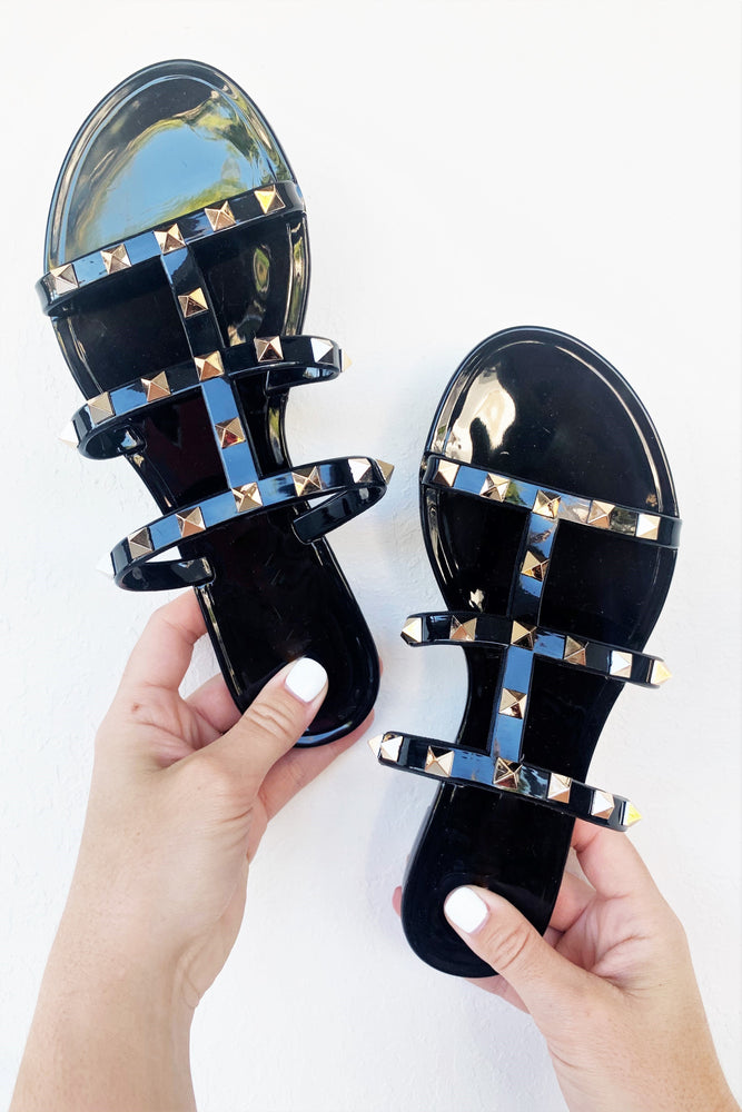 black studded jelly sandals