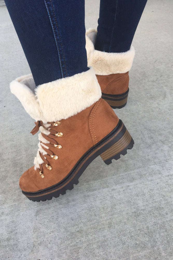 fur lace up booties