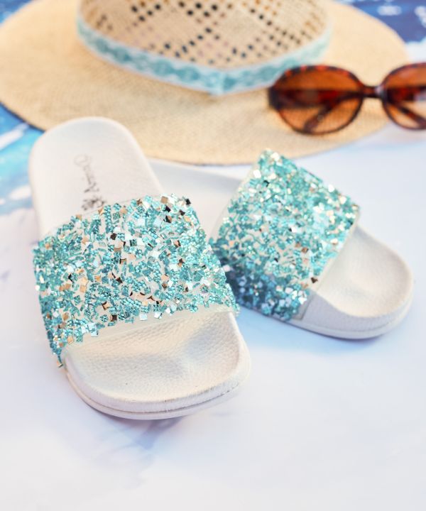 Open Toe Glitter Sliders